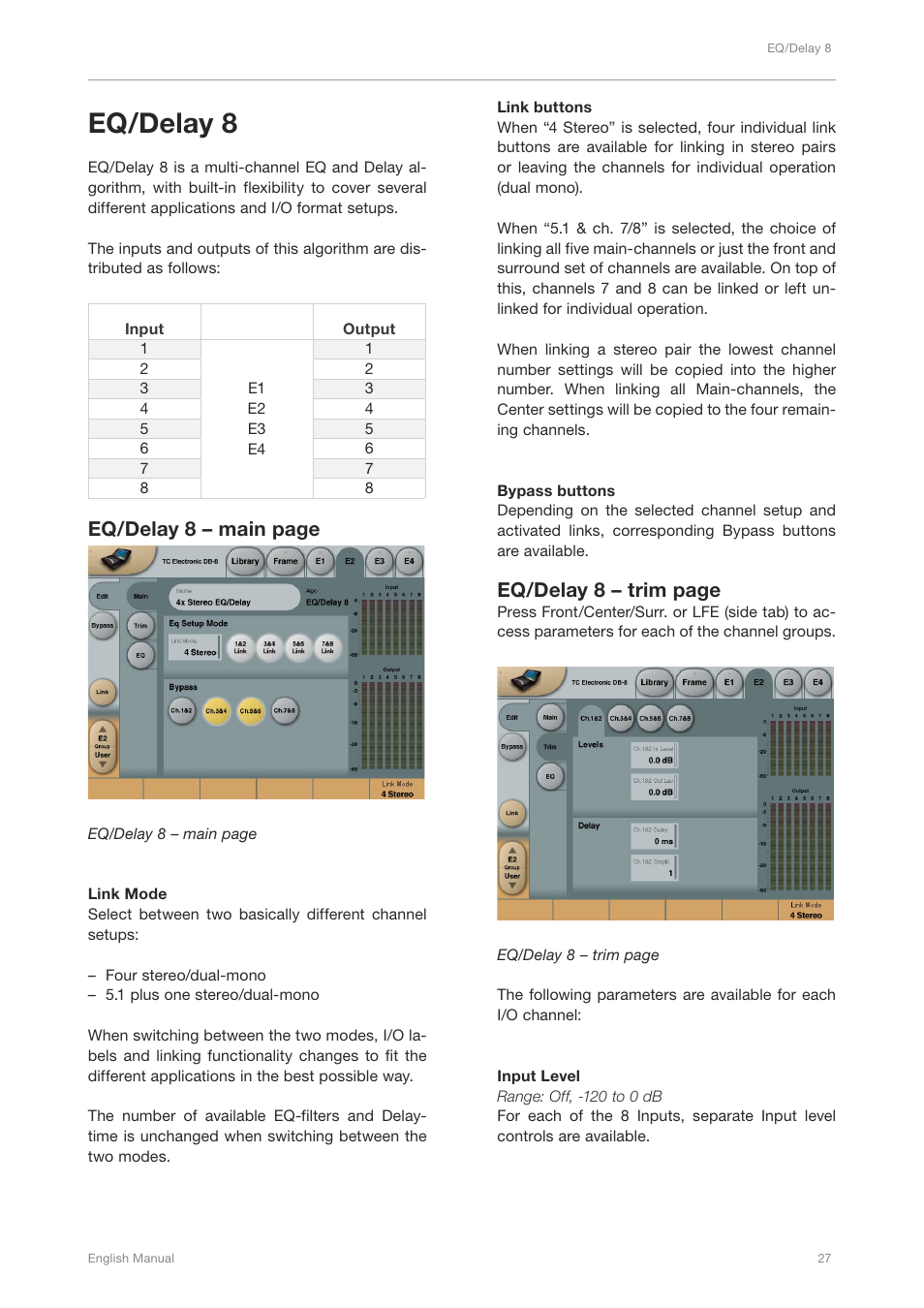 Eq/delay 8, Eq/delay 8 – main page, Eq/delay 8 – trim page | TC Electronic DB4 MKII User Manual | Page 31 / 95