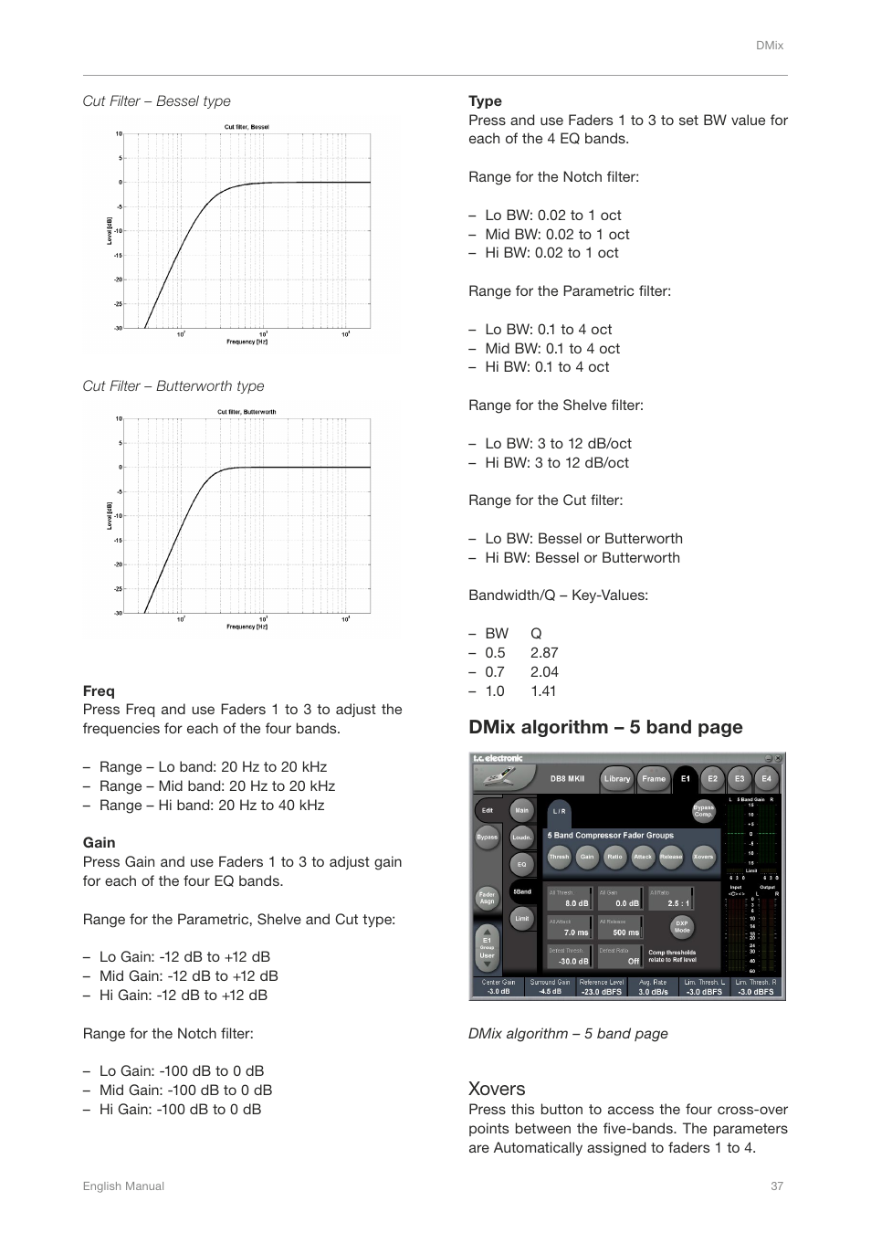 Dmix algorithm – 5 band page, Xovers | TC Electronic DB4 MKII User Manual | Page 41 / 95
