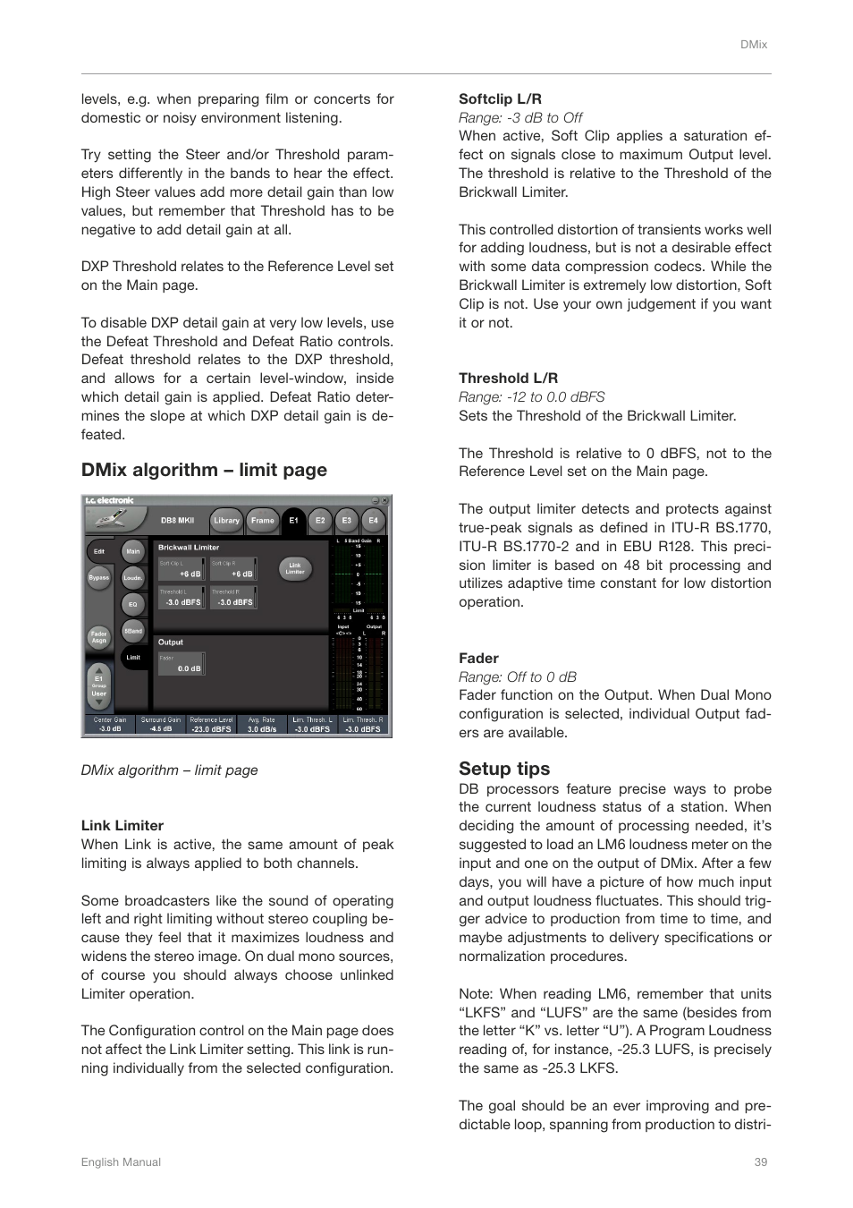 Dmix algorithm – limit page, Setup tips | TC Electronic DB4 MKII User Manual | Page 43 / 95