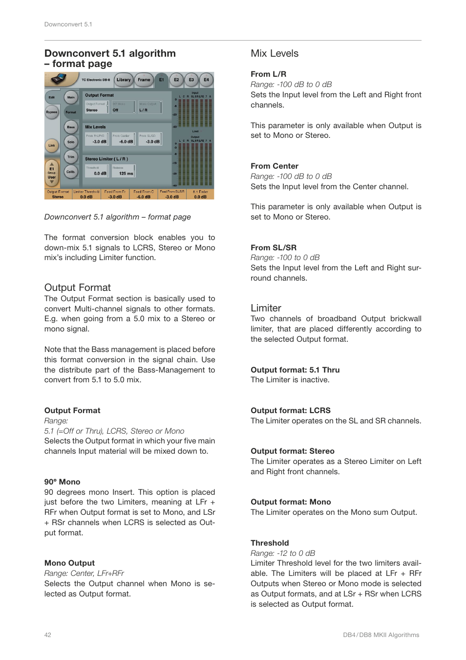 Downconvert 5.1 algorithm – format page, Output format, Mix levels | Limiter | TC Electronic DB4 MKII User Manual | Page 46 / 95