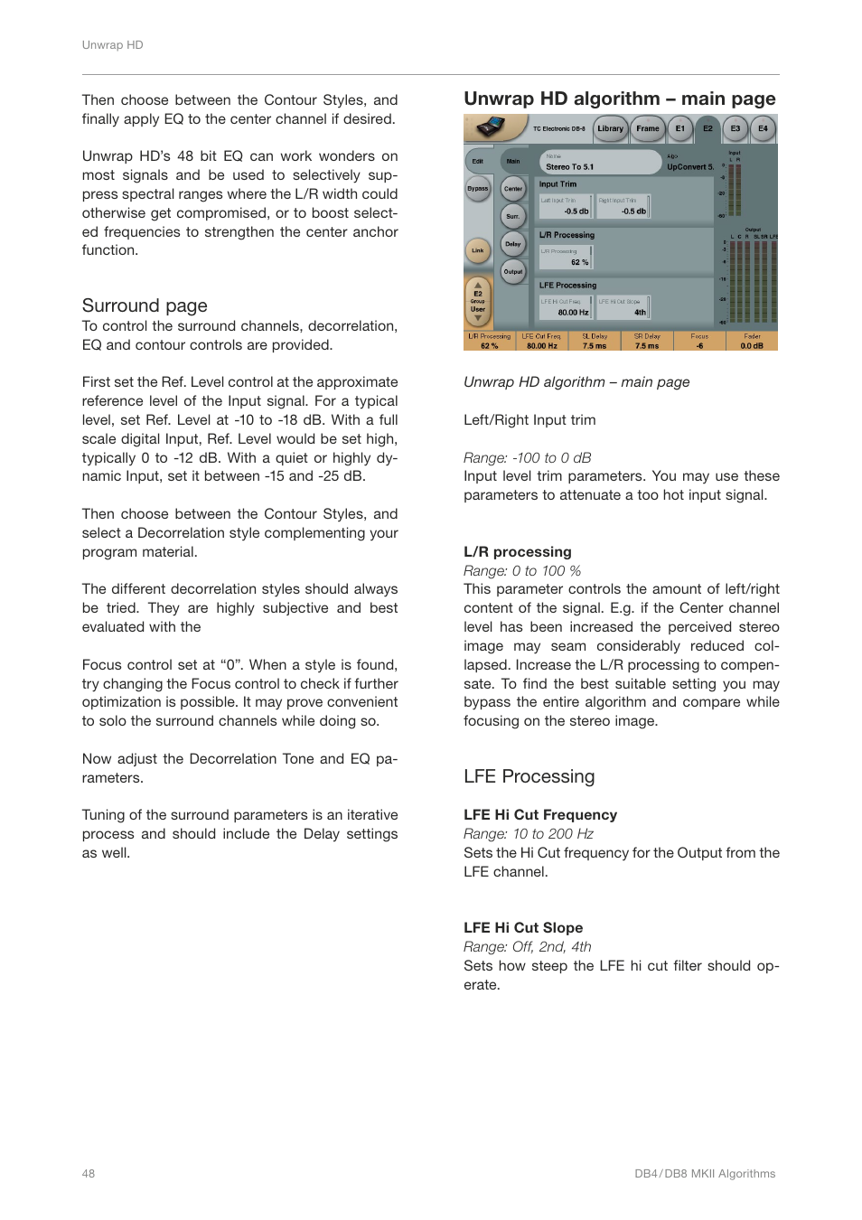 Surround page, Unwrap hd algorithm – main page, Lfe processing | TC Electronic DB4 MKII User Manual | Page 52 / 95