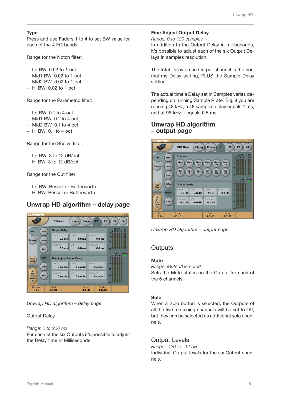 Unwrap hd algorithm – delay page, Unwrap hd algorithm – output page, Outputs | Output levels | TC Electronic DB4 MKII User Manual | Page 55 / 95