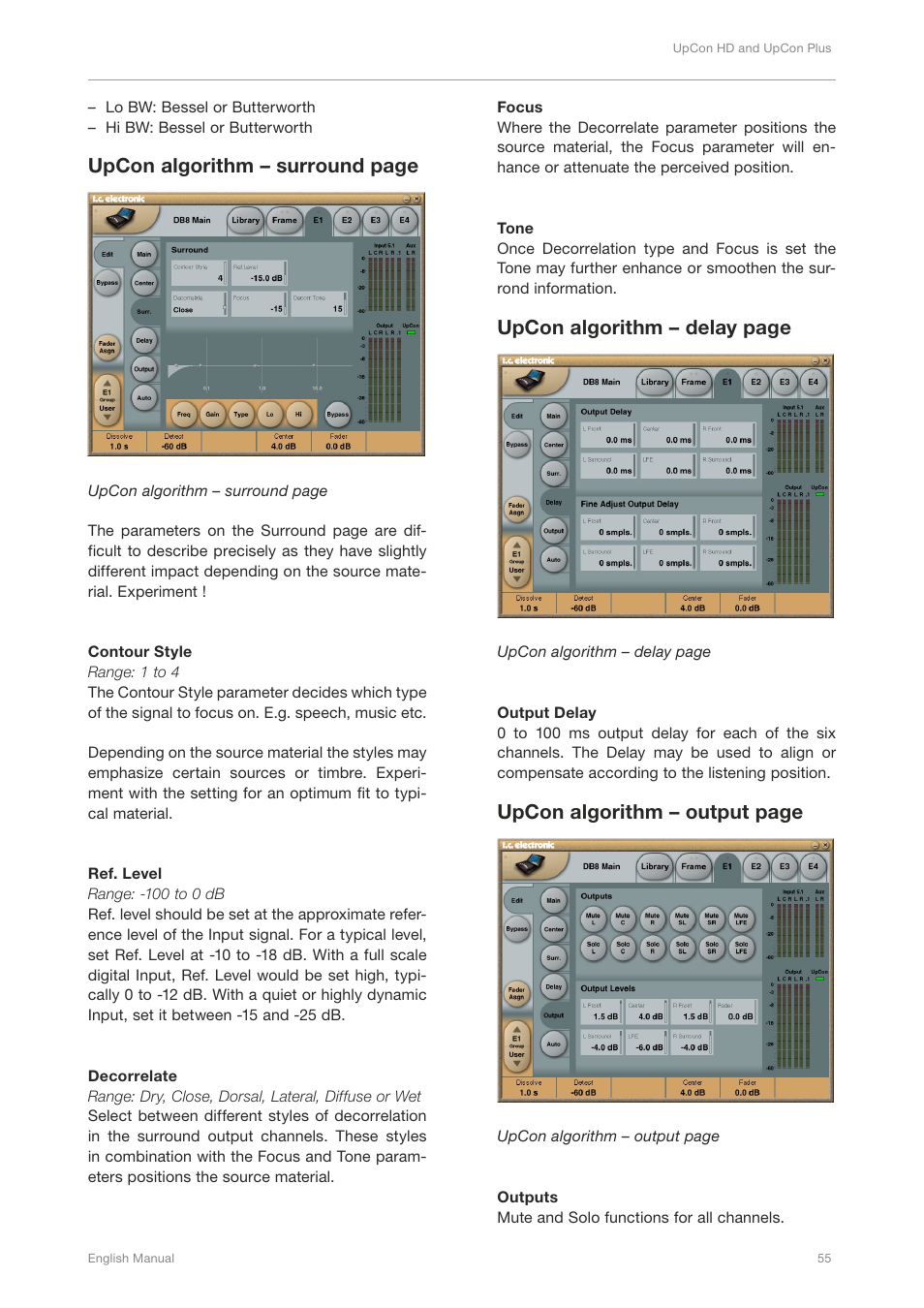 Upcon algorithm – surround page, Upcon algorithm – delay page, Upcon algorithm – output page | TC Electronic DB4 MKII User Manual | Page 59 / 95
