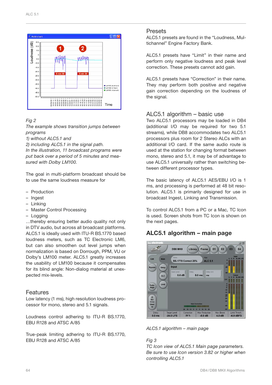 Features, Presets, Alc5.1 algorithm – basic use | Alc5.1 algorithm – main page | TC Electronic DB4 MKII User Manual | Page 68 / 95