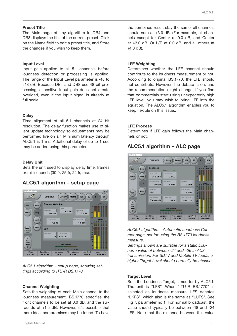 Alc5.1 algorithm – setup page, Alc5.1 algorithm – alc page | TC Electronic DB4 MKII User Manual | Page 69 / 95