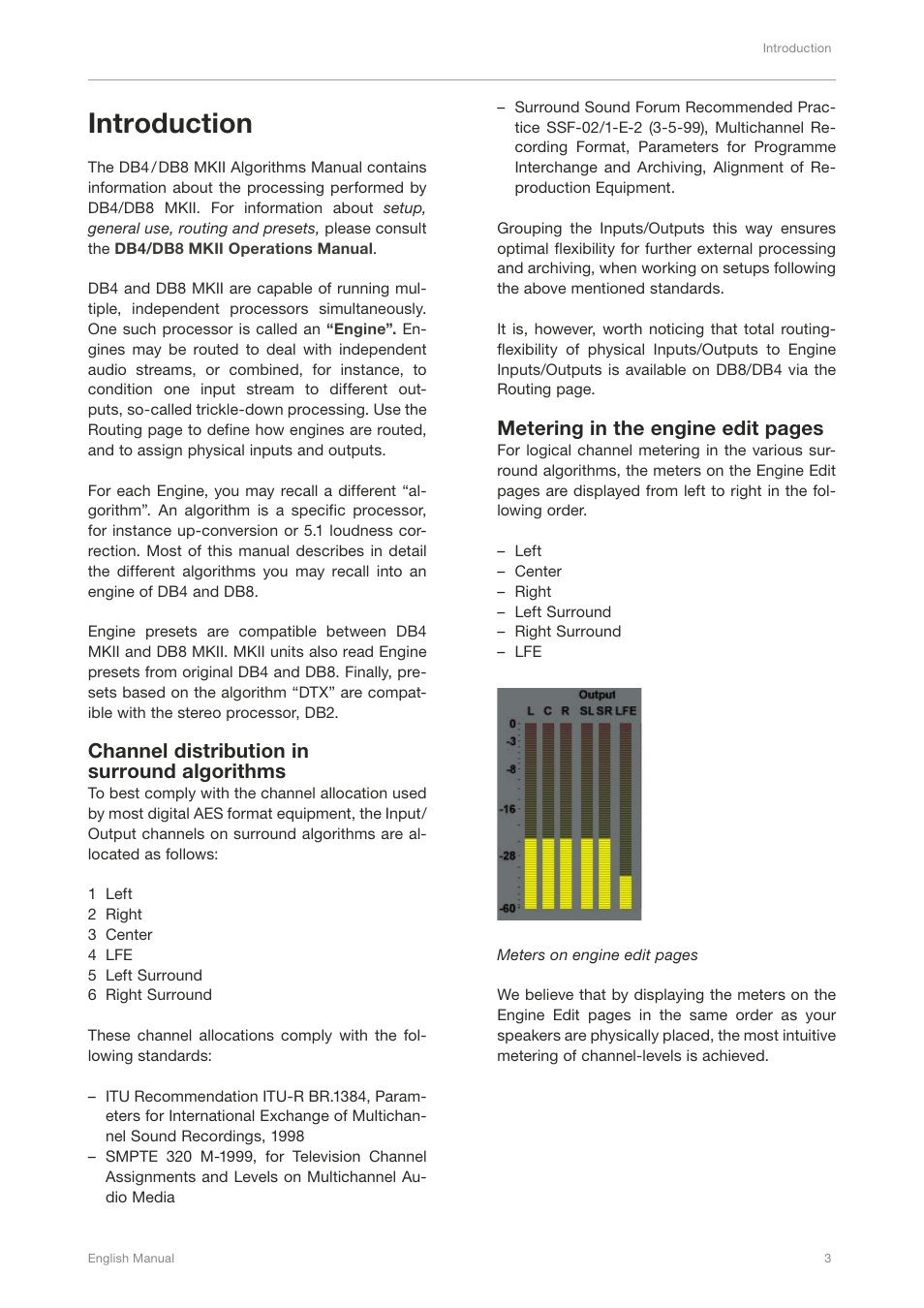 Introduction, Channel distribution in surround algorithms, Metering in the engine edit pages | TC Electronic DB4 MKII User Manual | Page 7 / 95