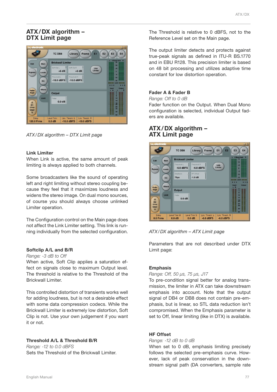 Atx / dx algorithm – dtx limit page, Atx / dx algorithm – atx limit page | TC Electronic DB4 MKII User Manual | Page 81 / 95