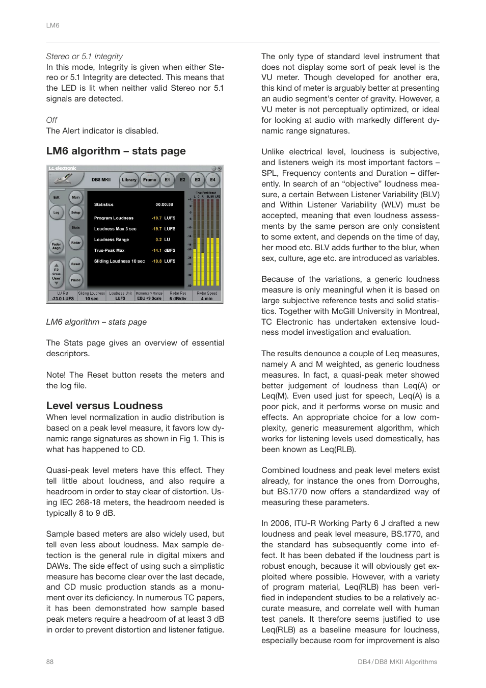 Lm6 algorithm – stats page, Level versus loudness | TC Electronic DB4 MKII User Manual | Page 92 / 95