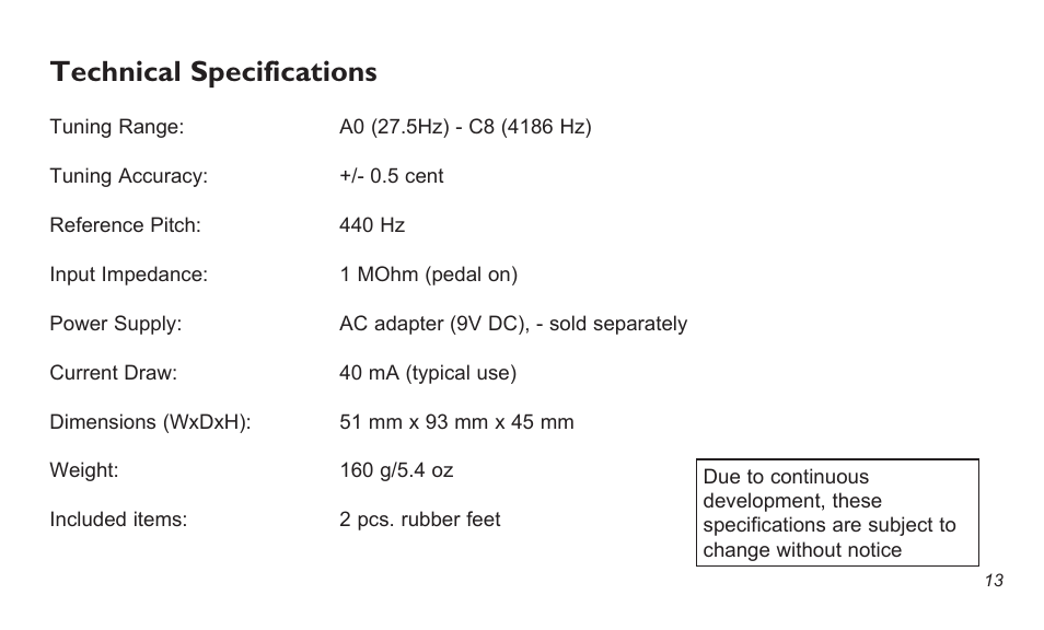 Technical specifications | TC Electronic PolyTune Mini User Manual | Page 13 / 14