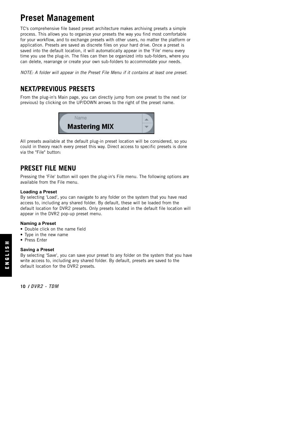 Preset management, Next/previous presets, Preset file menu | TC Electronic DVR2 TDM User Manual | Page 10 / 14