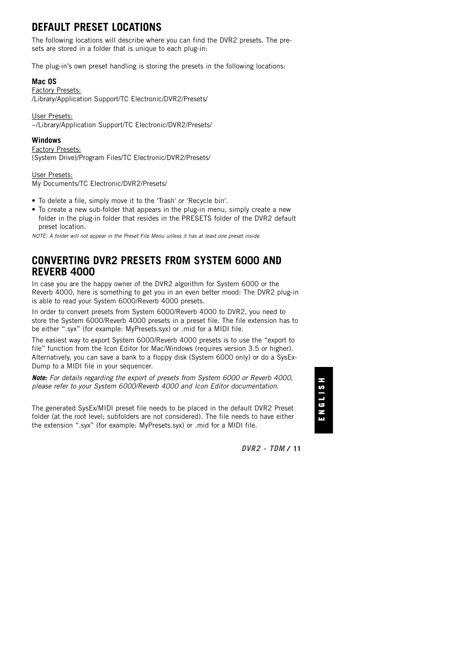 Default preset locations | TC Electronic DVR2 TDM User Manual | Page 11 / 14