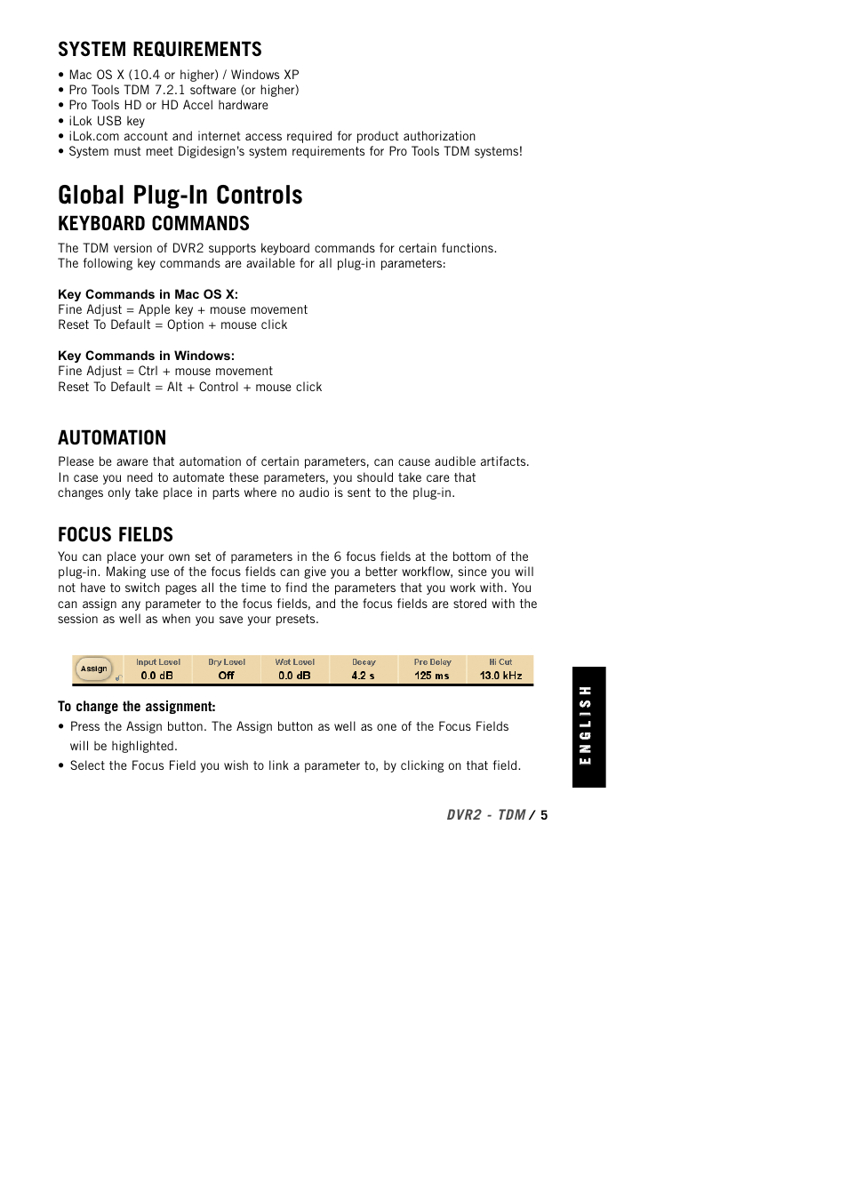 Global plug-in controls, System requirements, Keyboard commands | Automation, Focus fields | TC Electronic DVR2 TDM User Manual | Page 5 / 14