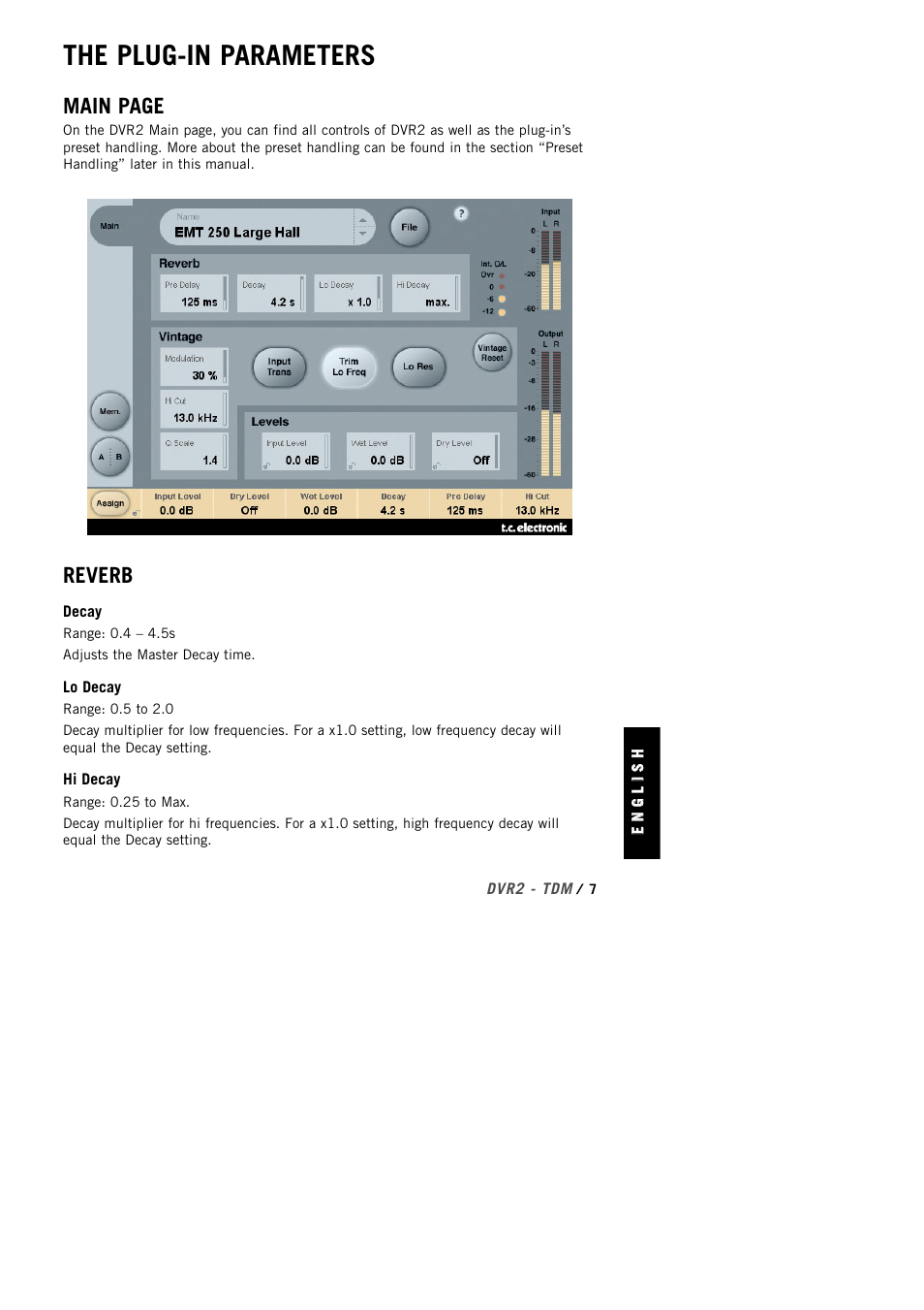 The plug-in parameters, Main page, Reverb | TC Electronic DVR2 TDM User Manual | Page 7 / 14