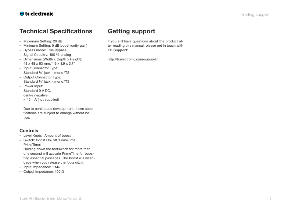 Technical specifications, Getting support | TC Electronic Spark Mini Booster User Manual | Page 14 / 15