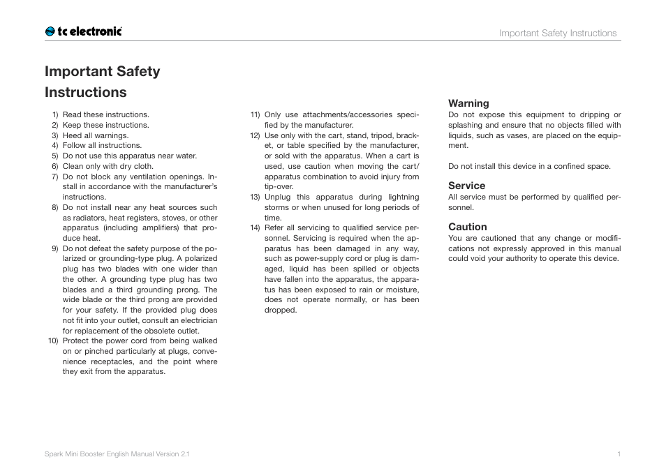 Important safety instructions | TC Electronic Spark Mini Booster User Manual | Page 3 / 15