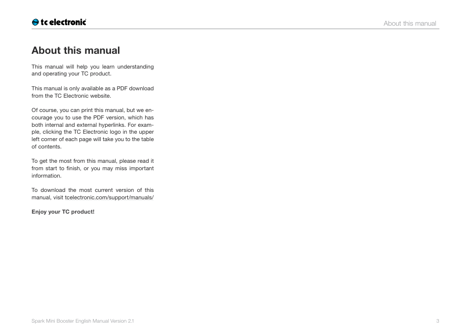 About this manual | TC Electronic Spark Mini Booster User Manual | Page 5 / 15