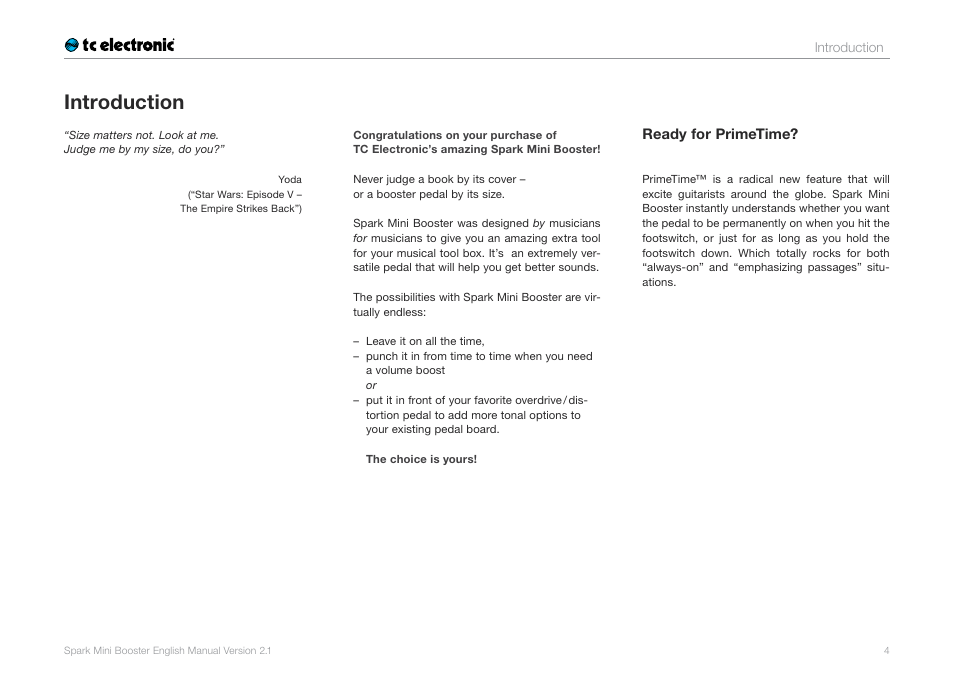 Introduction | TC Electronic Spark Mini Booster User Manual | Page 6 / 15