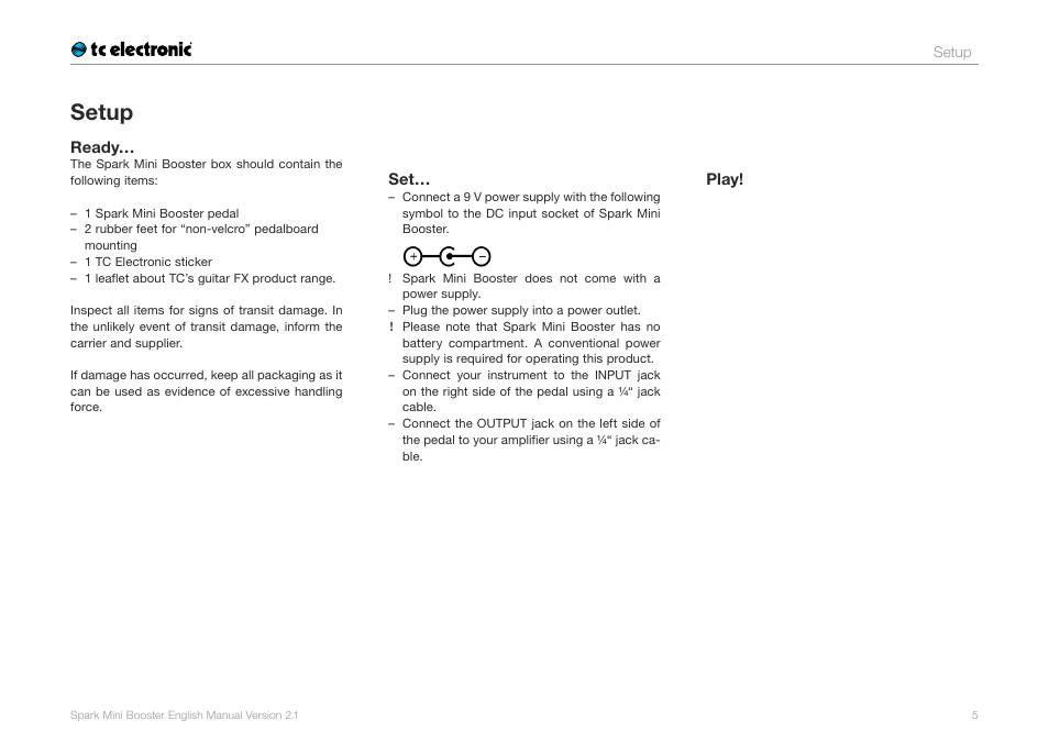 Setup | TC Electronic Spark Mini Booster User Manual | Page 7 / 15