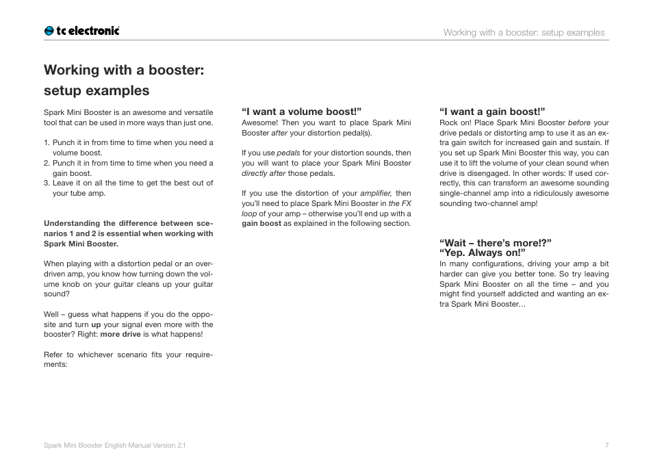 Working with a booster: setup examples | TC Electronic Spark Mini Booster User Manual | Page 9 / 15
