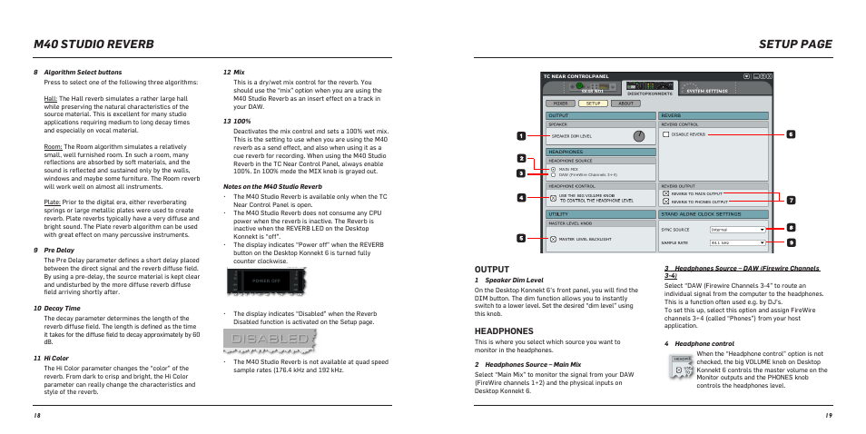 M40 studio reverb, Setup page, Output | Headphones | TC Electronic Desktop Konnekt 6 User Manual | Page 11 / 17