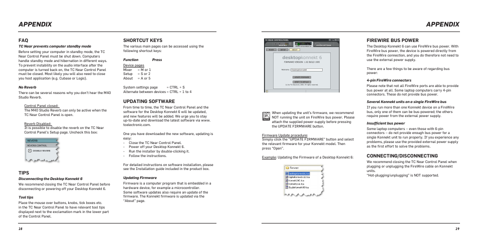 Appendix, Tips, Shortcut keys | Updating software, Firewire bus power, Connecting/disconnecting | TC Electronic Desktop Konnekt 6 User Manual | Page 16 / 17