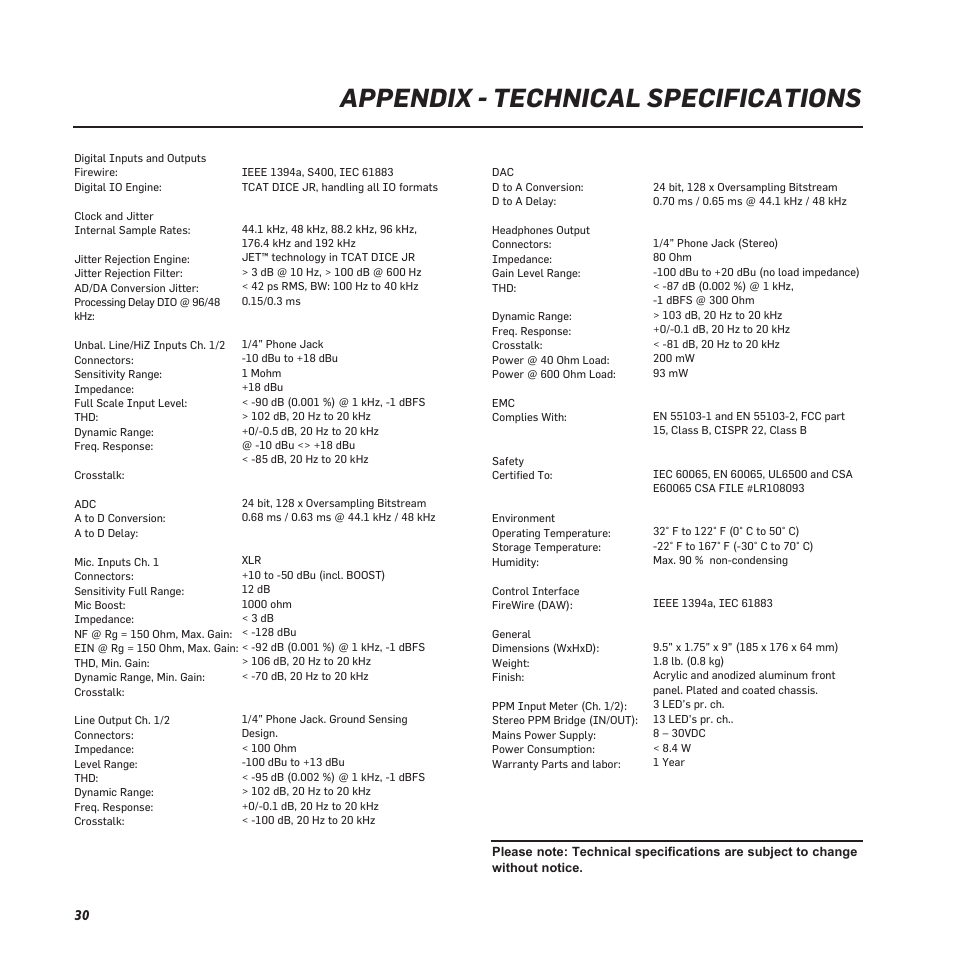 Appendix - technical specifications | TC Electronic Desktop Konnekt 6 User Manual | Page 17 / 17