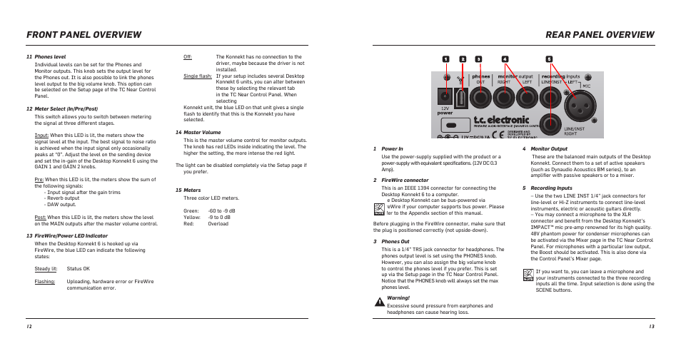Front panel overview rear panel overview | TC Electronic Desktop Konnekt 6 User Manual | Page 8 / 17