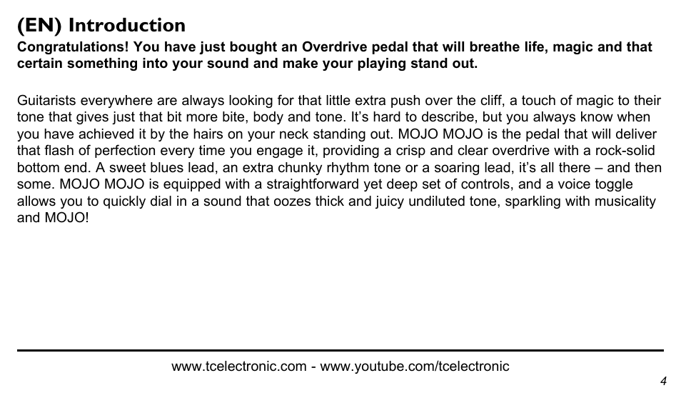 En) introduction | TC Electronic MojoMojo Overdrive User Manual | Page 4 / 10