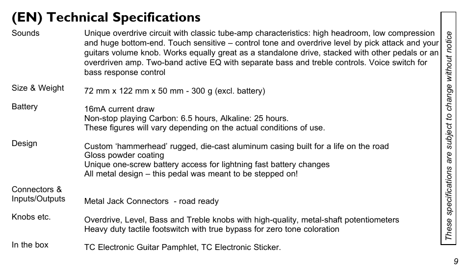 En) technical specifications | TC Electronic MojoMojo Overdrive User Manual | Page 9 / 10