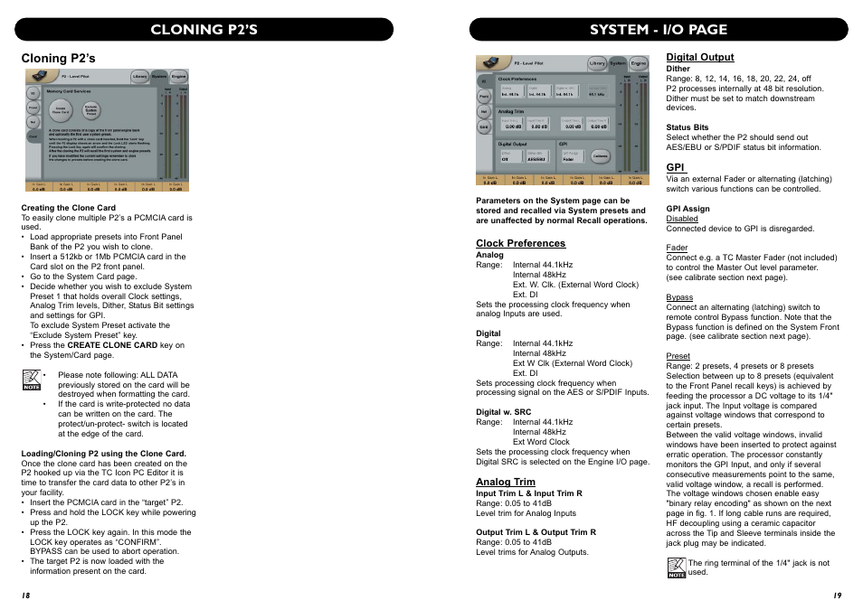 Cloning p2’s, System - i/o page | TC Electronic P2 User Manual | Page 11 / 21