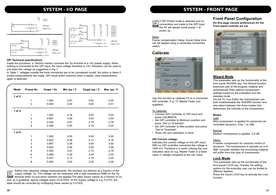 System - i/o page, System - front page, Calibrate | Front panel configuration, Wizard mode, Lock mode | TC Electronic P2 User Manual | Page 12 / 21