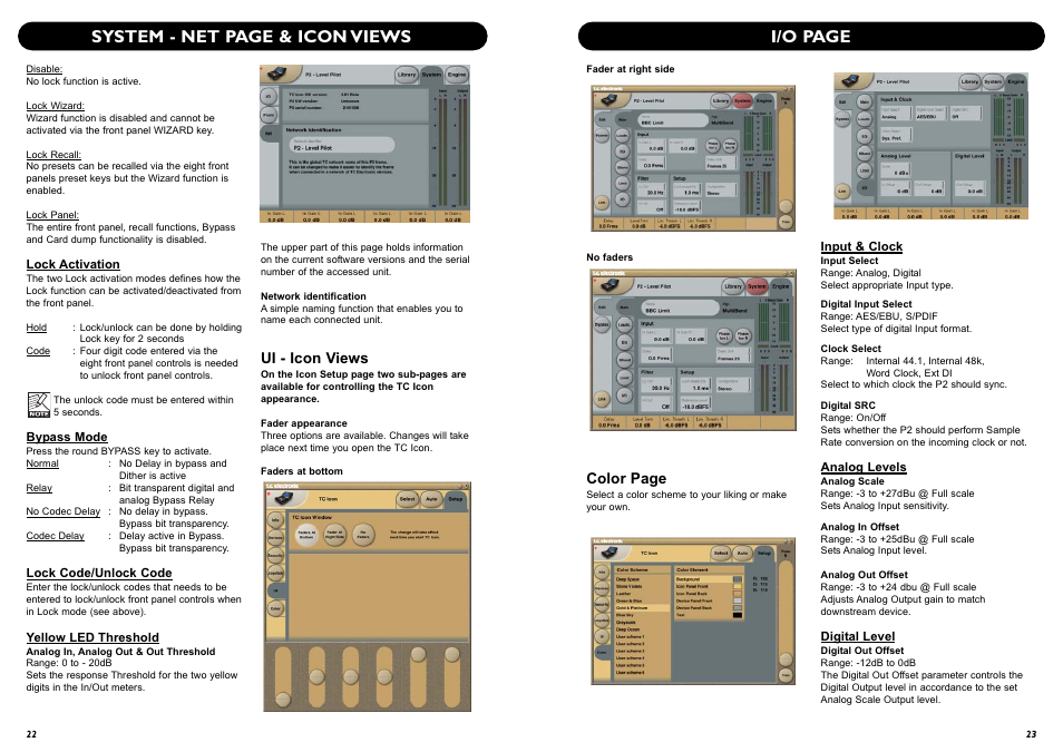 System - net page & icon views, I/o page | TC Electronic P2 User Manual | Page 13 / 21