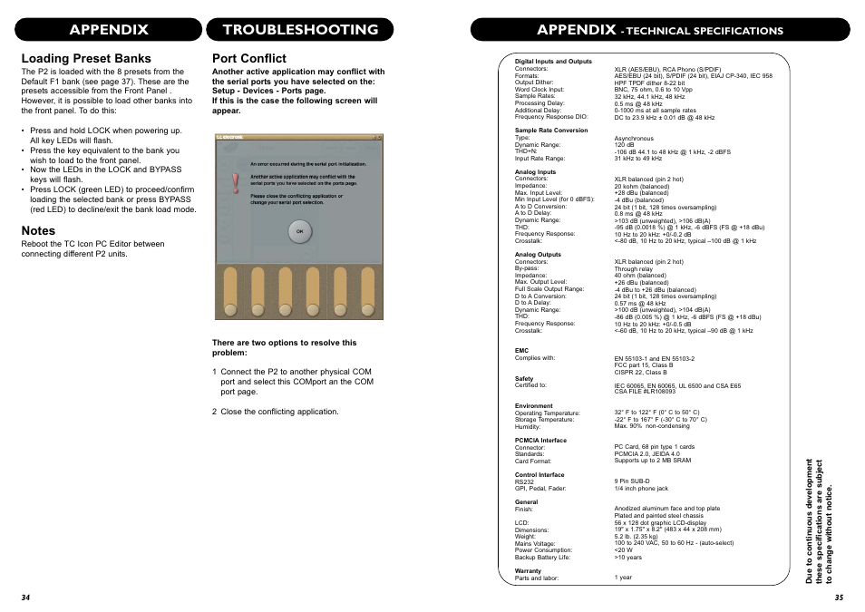 Appendix troubleshooting, Appendix, Loading preset banks | Port conflict | TC Electronic P2 User Manual | Page 19 / 21