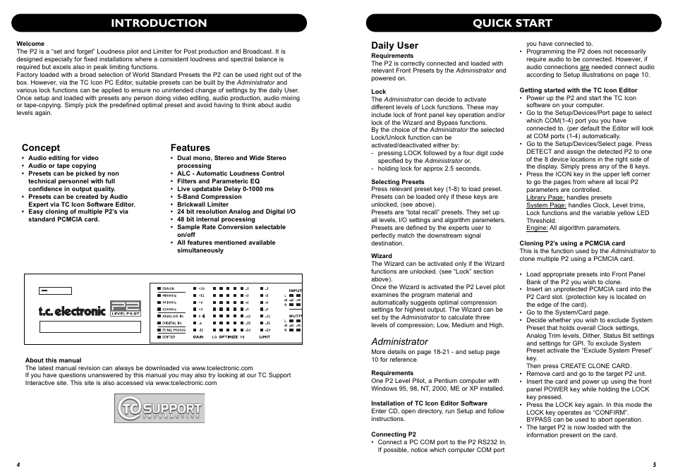 Introduction quick start, Daily user, Administrator | Features, Concept | TC Electronic P2 User Manual | Page 4 / 21