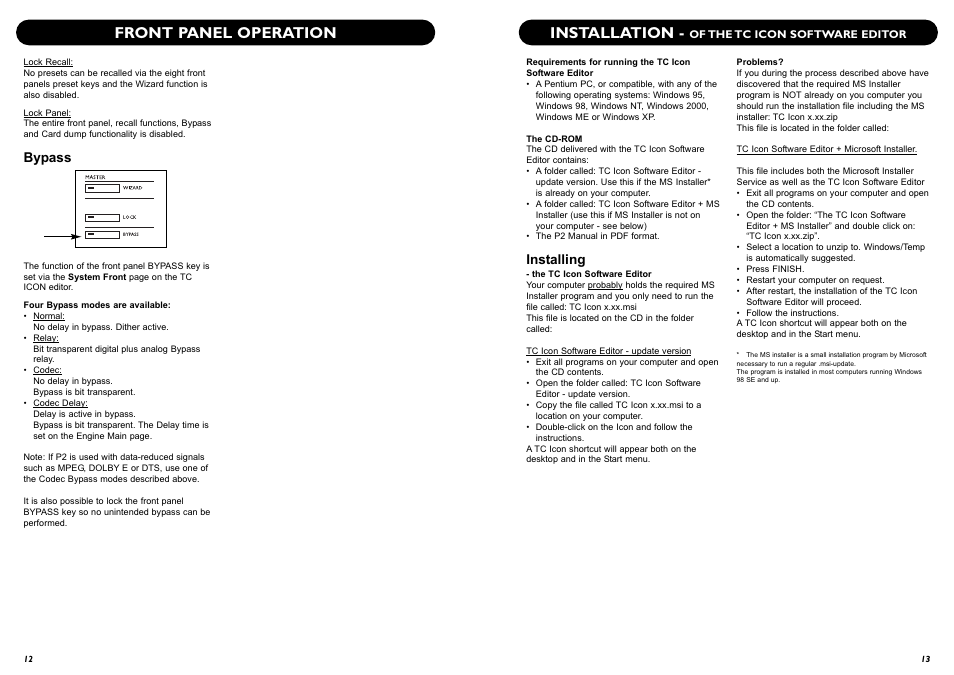 Installation, Front panel operation, Installing | Bypass | TC Electronic P2 User Manual | Page 8 / 21