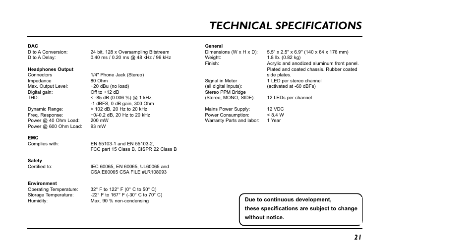 Technical specifications | TC Electronic BMC-2 User Manual | Page 21 / 22