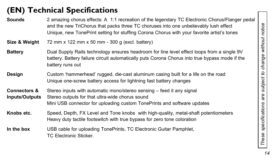 En) technical specifications | TC Electronic Manuals User Manual | Page 14 / 15