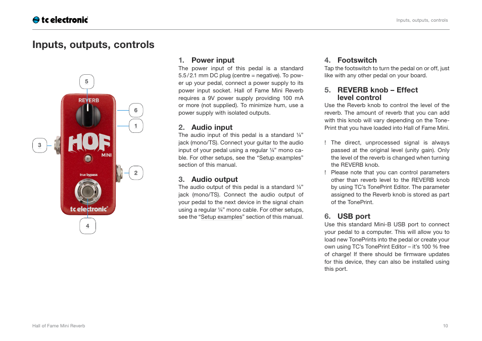 Inputs, outputs, controls, Power input, Audio input | Audio output, Footswitch, Reverb knob – effect level control, Usb port | TC Electronic Hall of Fame Mini Reverb User Manual | Page 12 / 18