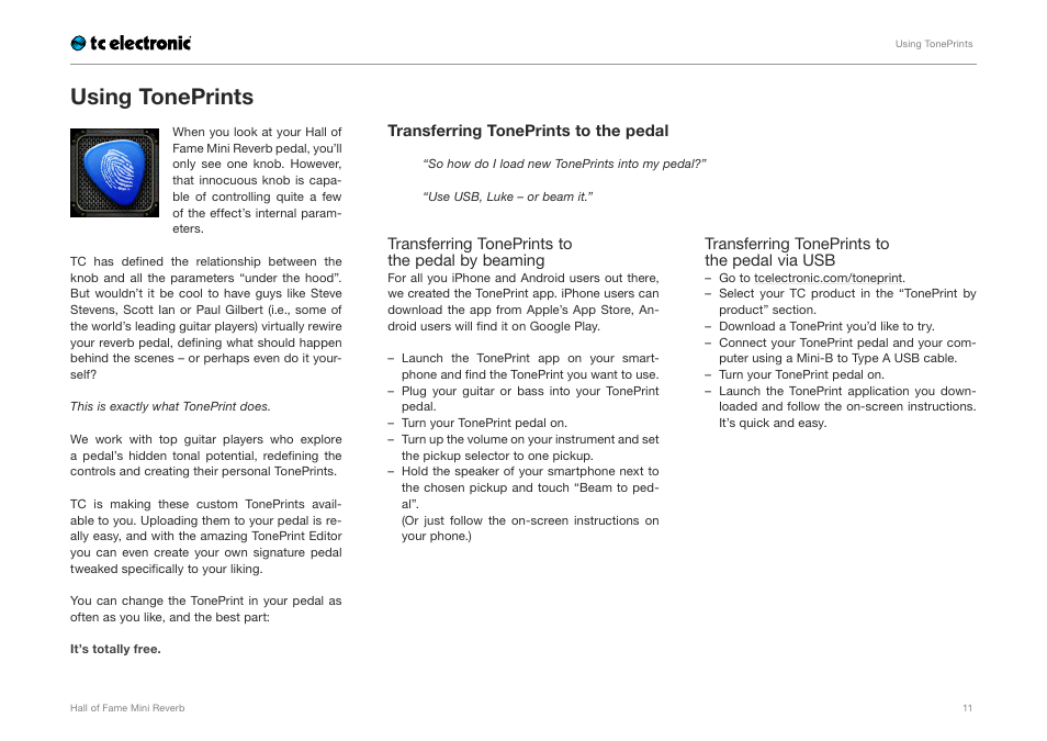 Using toneprints | TC Electronic Hall of Fame Mini Reverb User Manual | Page 13 / 18