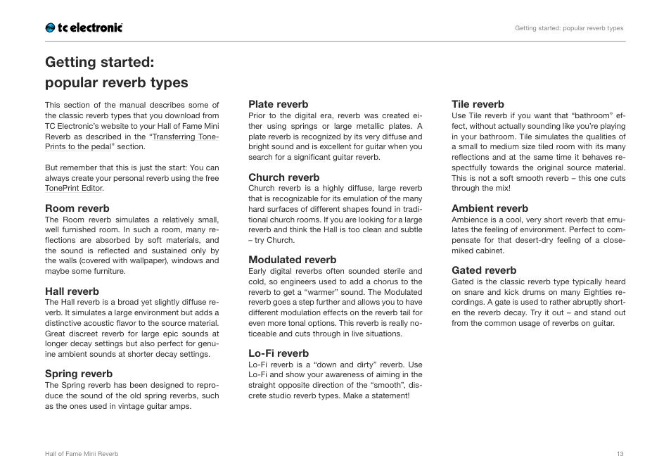 Getting started: popular reverb types | TC Electronic Hall of Fame Mini Reverb User Manual | Page 15 / 18