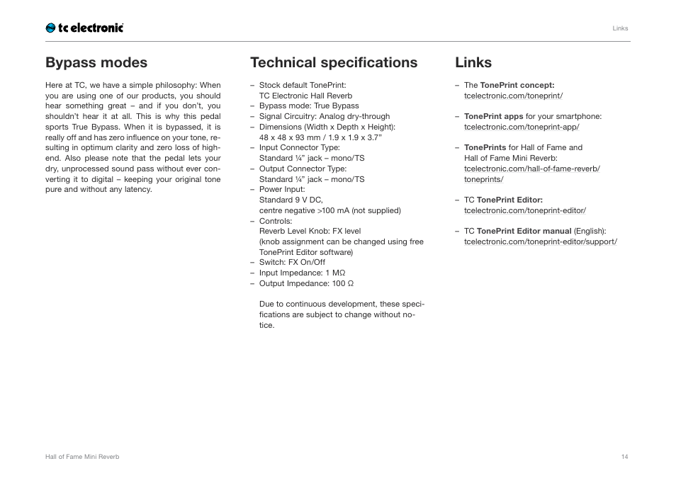 Bypass modes, Technical specifications, Links | TC Electronic Hall of Fame Mini Reverb User Manual | Page 16 / 18