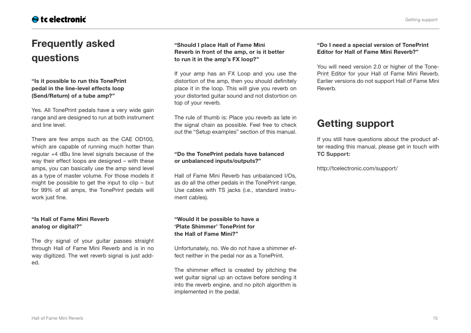 Frequently asked questions, Getting support | TC Electronic Hall of Fame Mini Reverb User Manual | Page 17 / 18