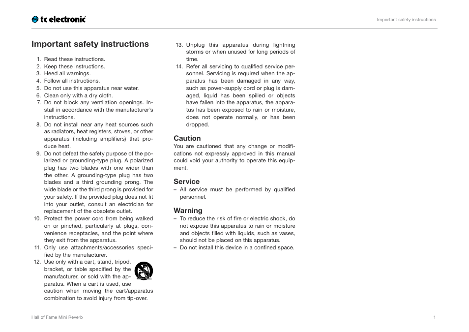 Important safety instructions | TC Electronic Hall of Fame Mini Reverb User Manual | Page 3 / 18