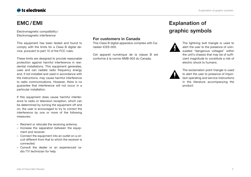 Emc / emi, Explanation of graphic symbols | TC Electronic Hall of Fame Mini Reverb User Manual | Page 4 / 18