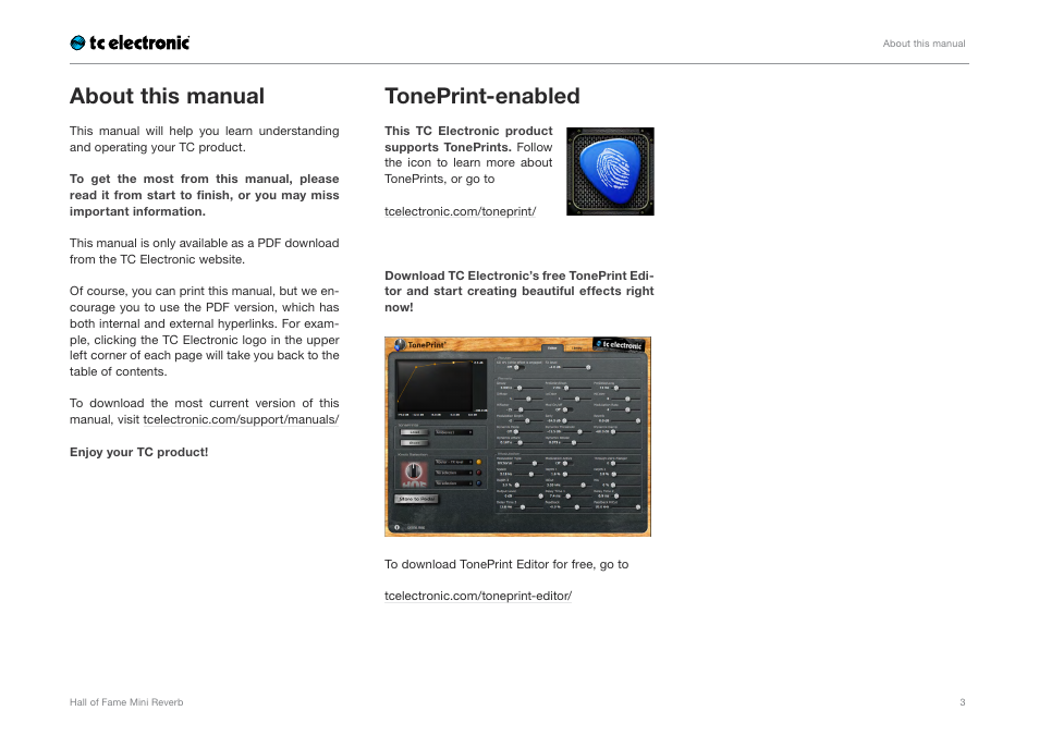 About this manual, Toneprint-enabled | TC Electronic Hall of Fame Mini Reverb User Manual | Page 5 / 18