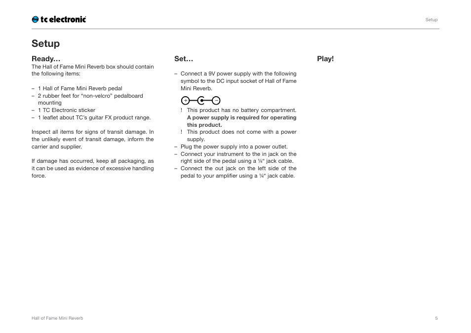 Setup | TC Electronic Hall of Fame Mini Reverb User Manual | Page 7 / 18