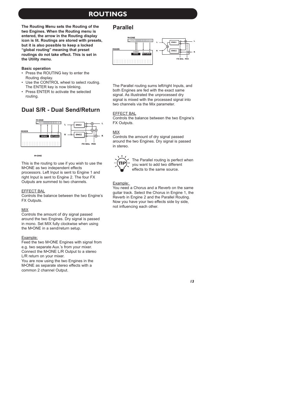 Routings, Dual s/r - dual send/return, Parallel | Dual effects processor | TC Electronic M-One XL User Manual | Page 15 / 46