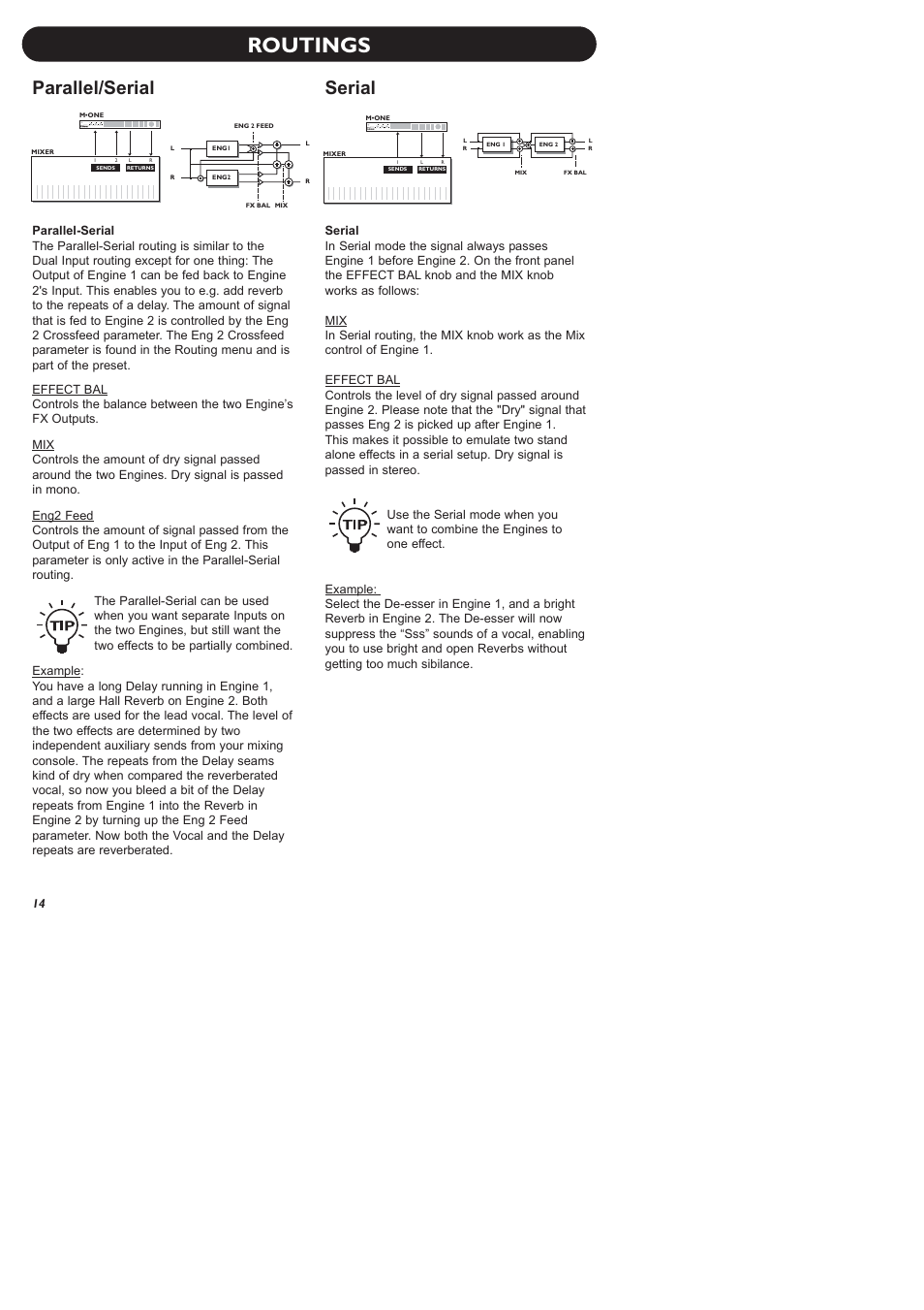 Routings, Parallel/serial, Serial | Dual effects processor | TC Electronic M-One XL User Manual | Page 16 / 46