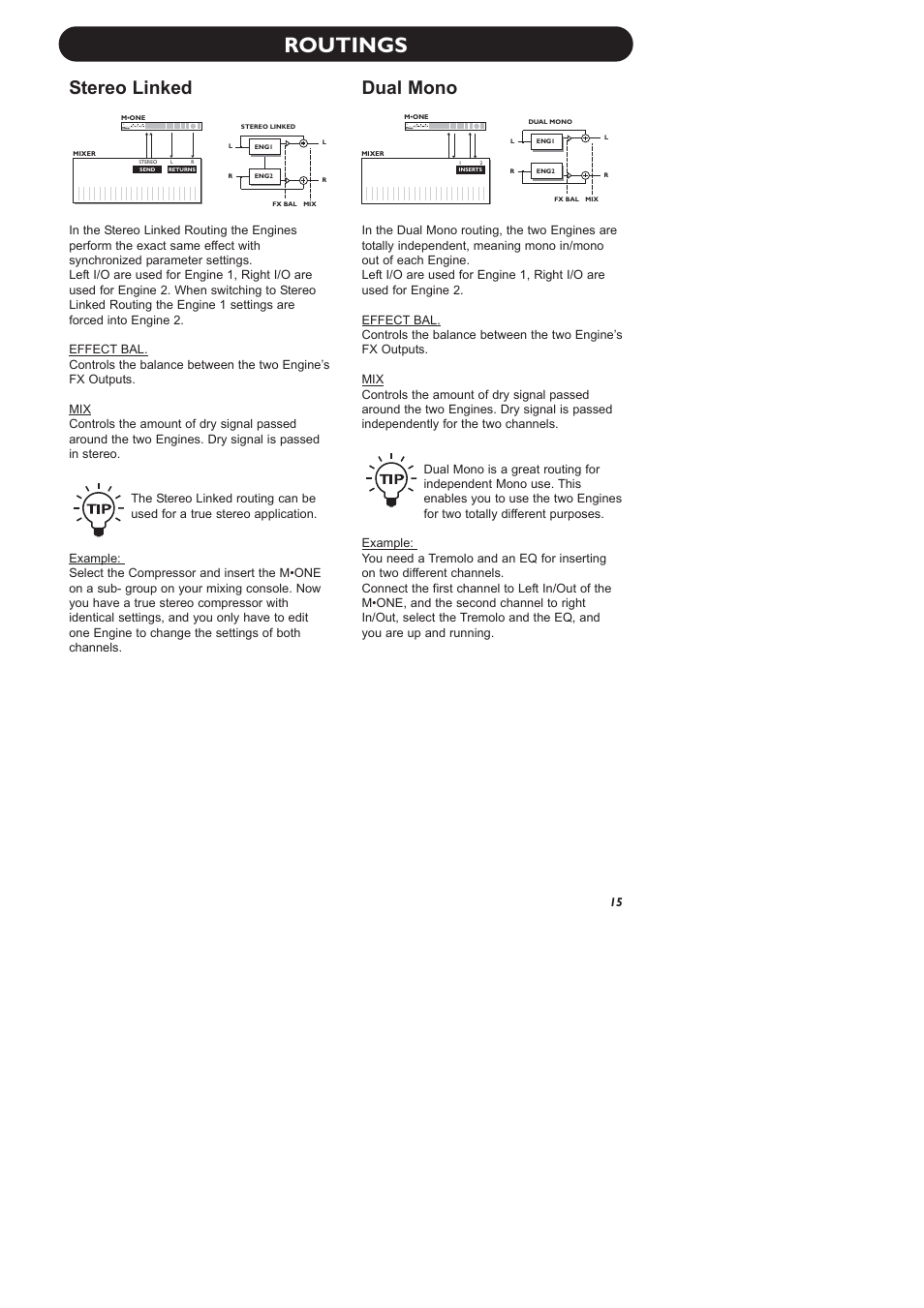 Routings, Stereo linked dual mono, Dual effects processor | TC Electronic M-One XL User Manual | Page 17 / 46