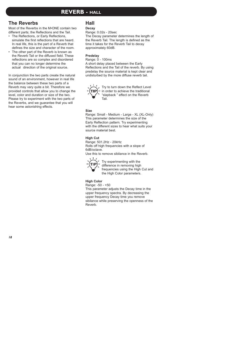 Reverb, The reverbs, Hall | TC Electronic M-One XL User Manual | Page 20 / 46